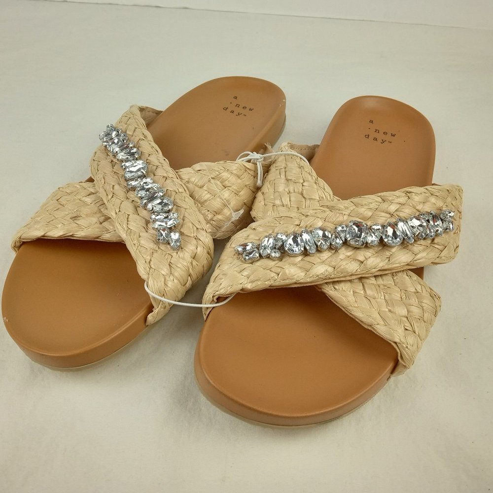 New Women's A NEW DAY Almond/ PHYLIS  Jeweled Raffia Sandals Slide On